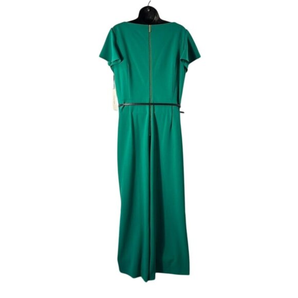 Green Wide-Leg Jumpsuit With Short Flutter Sleeves & Belted Waist Back Zipper - Picture 3 of 13